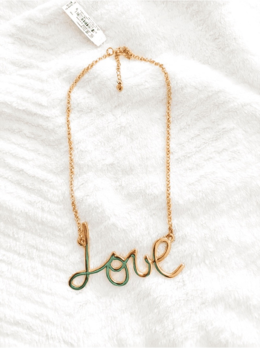Gold Script 'Love' Necklace with Green Enamel Accent